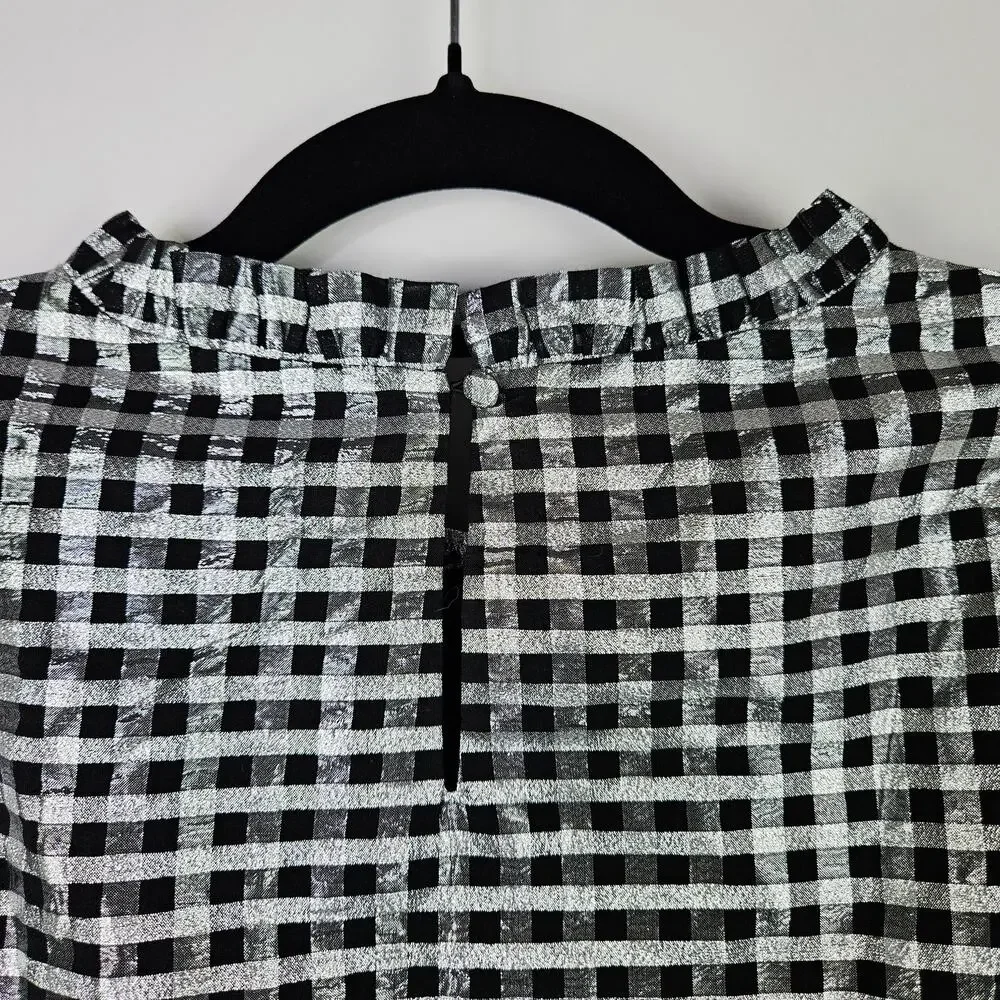 J.Crew Metallic Gingham Checkered Puff Sleeve Blouse Top Medium Boxy Holiday